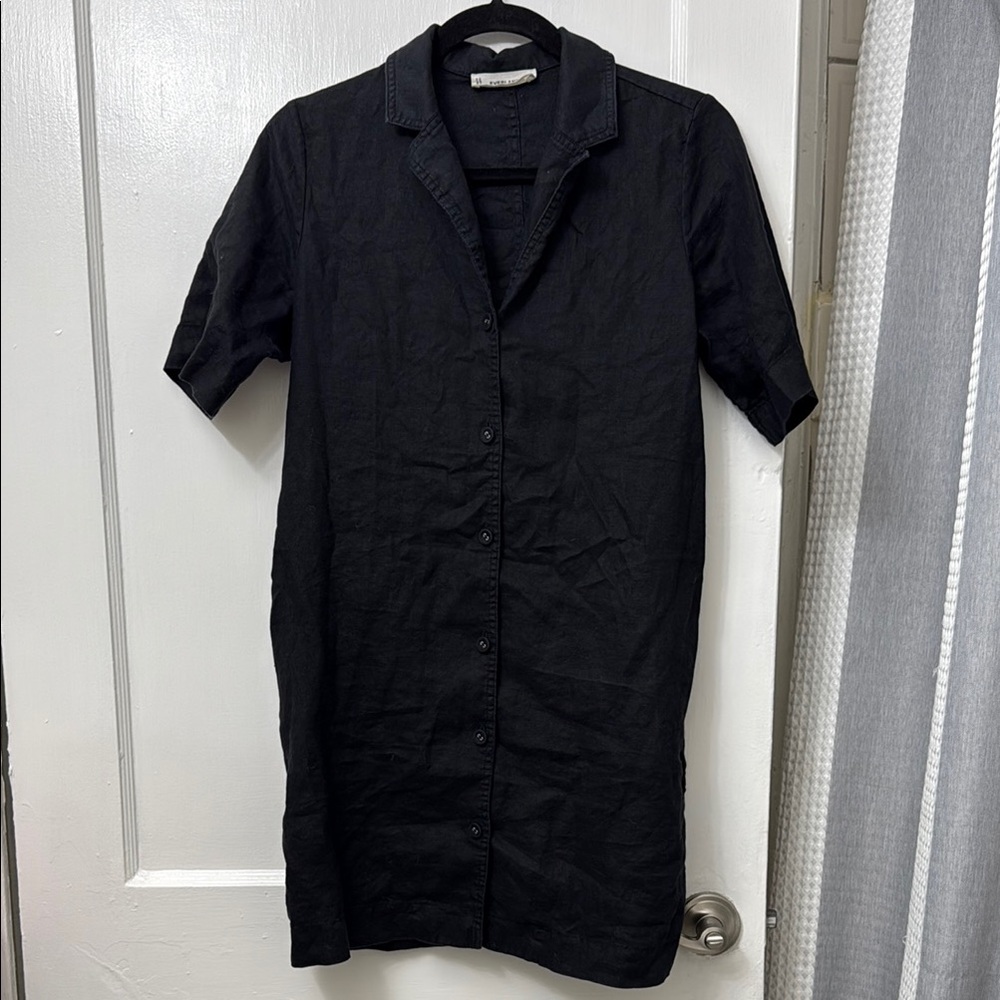 Everlane Black Linen Button-Up Shirt Dress